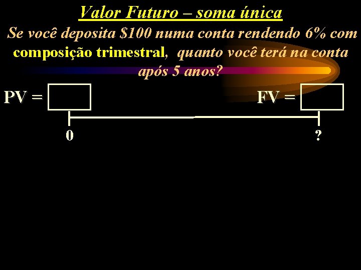 Valor Futuro – soma única Se você deposita $100 numa conta rendendo 6% composição