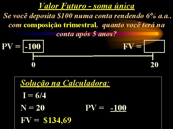 Valor Futuro - soma única Se você deposita $100 numa conta rendendo 6% a.