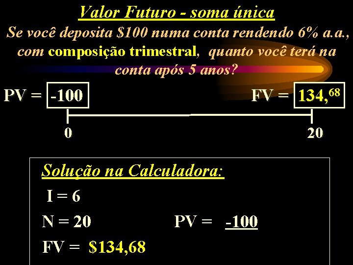 Valor Futuro - soma única Se você deposita $100 numa conta rendendo 6% a.