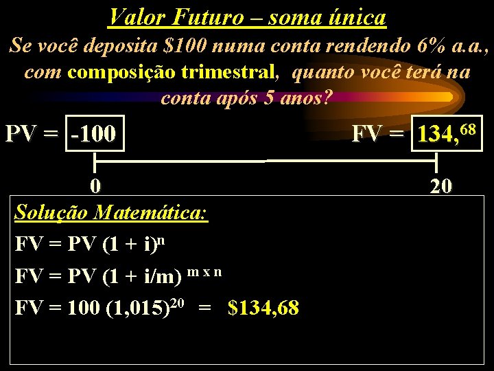 Valor Futuro – soma única Se você deposita $100 numa conta rendendo 6% a.