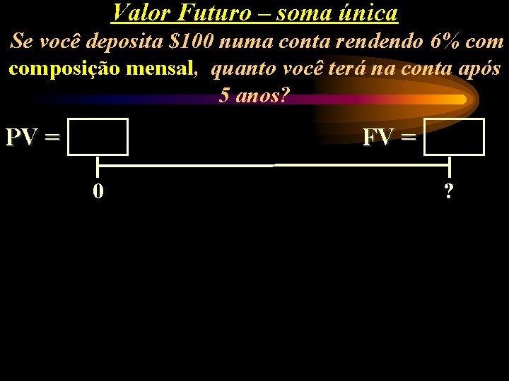 Valor Futuro – soma única Se você deposita $100 numa conta rendendo 6% composição