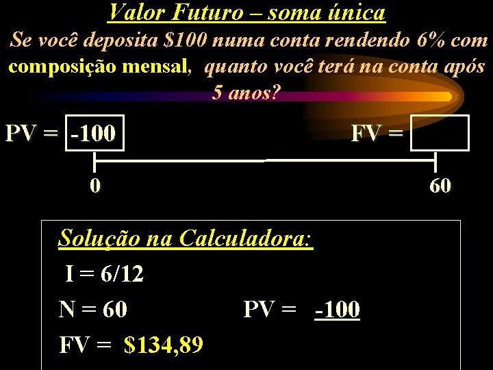 Valor Futuro – soma única Se você deposita $100 numa conta rendendo 6% composição