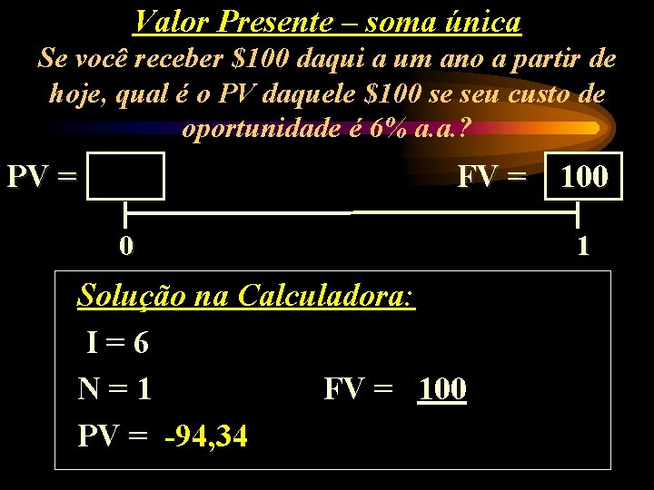 Valor Presente – soma única Se você receber $100 daqui a um ano a