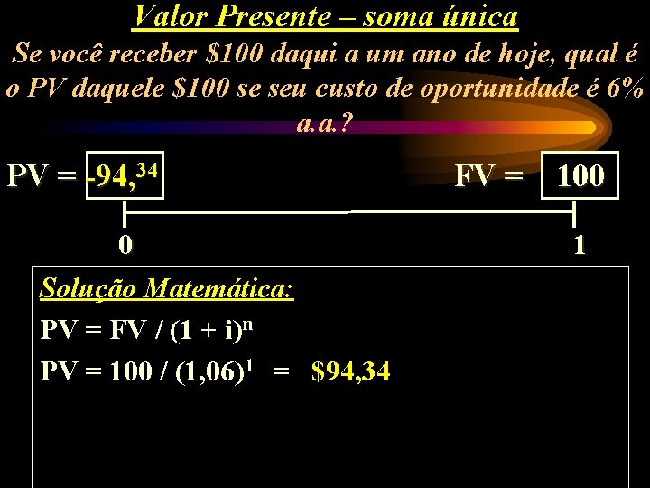 Valor Presente – soma única Se você receber $100 daqui a um ano de