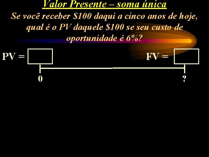 Valor Presente – soma única Se você receber $100 daqui a cinco anos de