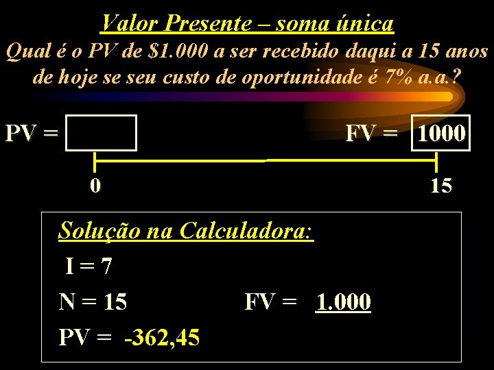 Valor Presente – soma única Qual é o PV de $1. 000 a ser