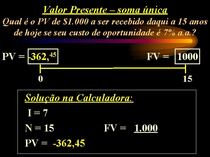 Valor Presente – soma única Qual é o PV de $1. 000 a ser