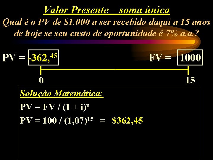 Valor Presente – soma única Qual é o PV de $1. 000 a ser