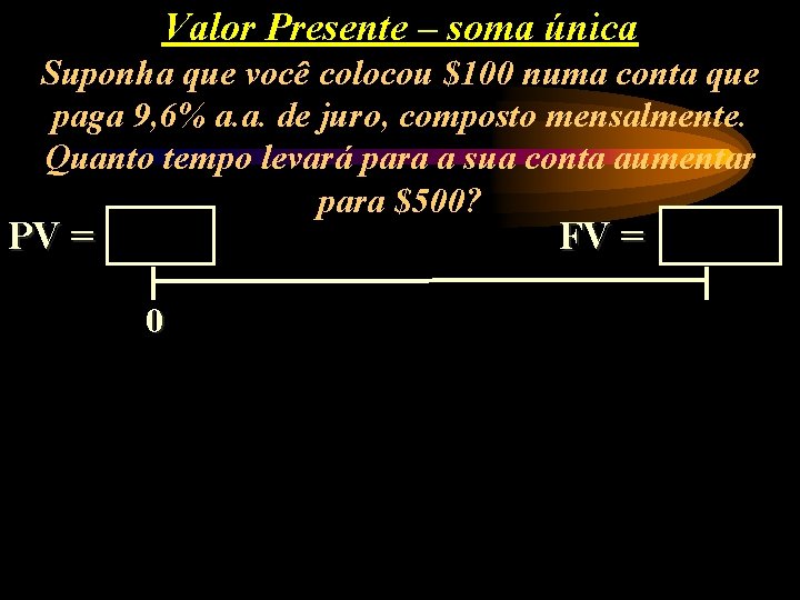 Valor Presente – soma única Suponha que você colocou $100 numa conta que paga