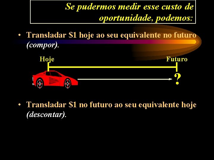 Se pudermos medir esse custo de oportunidade, podemos: • Transladar $1 hoje ao seu