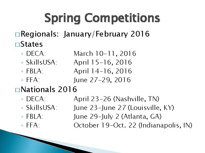 Spring Competitions � Regionals: � States ◦ ◦ DECA: Skills. USA: FBLA: FFA: �