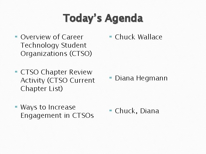 Today’s Agenda Overview of Career Technology Student Organizations (CTSO) Chuck Wallace CTSO Chapter Review
