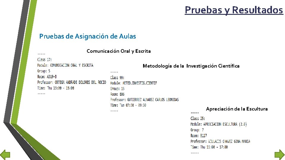 Pruebas y Resultados Pruebas de Asignación de Aulas Comunicación Oral y Escrita Metodología de