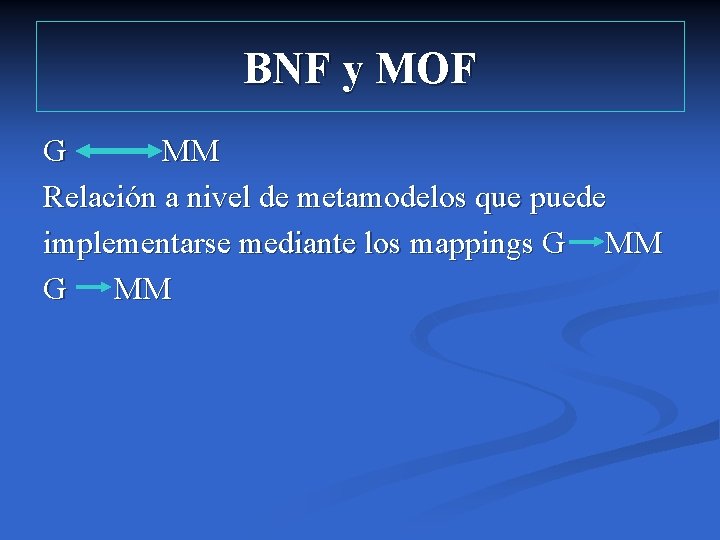 BNF y MOF G MM Relación a nivel de metamodelos que puede implementarse mediante