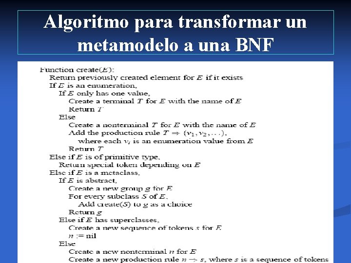 Algoritmo para transformar un metamodelo a una BNF 