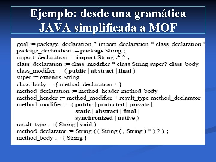 Ejemplo: desde una gramática JAVA simplificada a MOF 