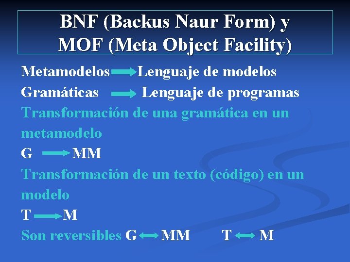 BNF (Backus Naur Form) y MOF (Meta Object Facility) Metamodelos Lenguaje de modelos Gramáticas