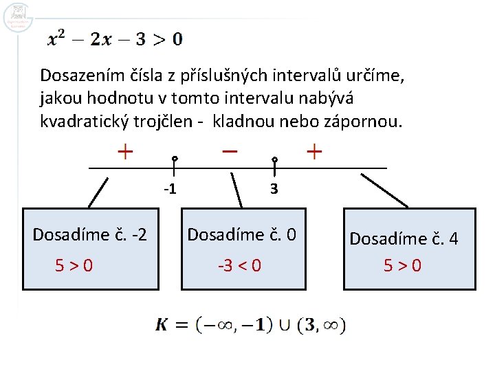 Dosazením čísla z příslušných intervalů určíme, jakou hodnotu v tomto intervalu nabývá kvadratický trojčlen
