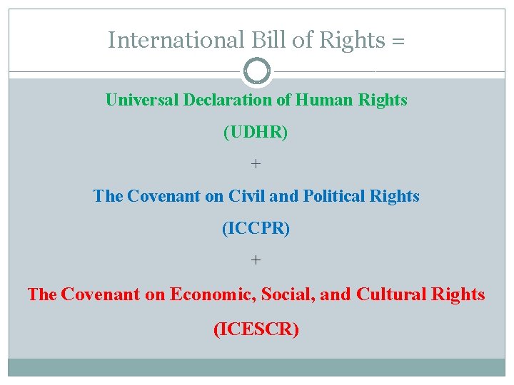 International Bill of Rights = Universal Declaration of Human Rights (UDHR) + The Covenant
