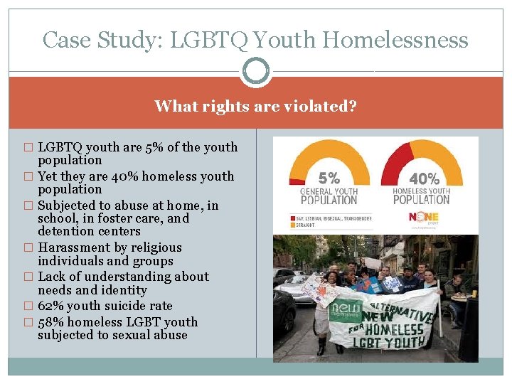 Case Study: LGBTQ Youth Homelessness What rights are violated? � LGBTQ youth are 5%