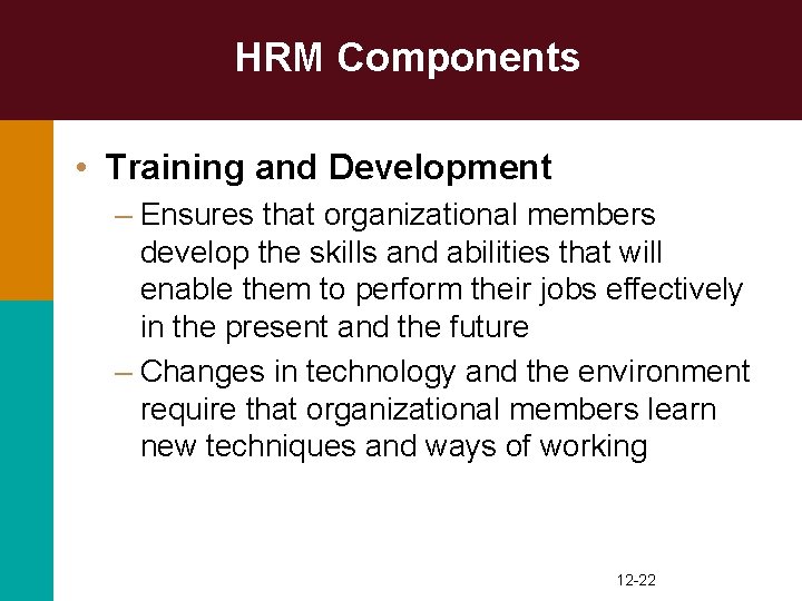 HRM Components • Training and Development – Ensures that organizational members develop the skills
