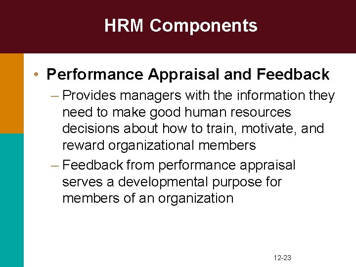 HRM Components • Performance Appraisal and Feedback – Provides managers with the information they