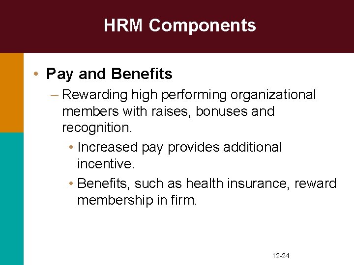 HRM Components • Pay and Benefits – Rewarding high performing organizational members with raises,
