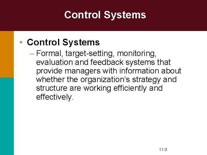 Control Systems • Control Systems – Formal, target-setting, monitoring, evaluation and feedback systems that
