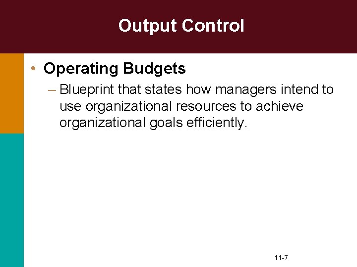 Output Control • Operating Budgets – Blueprint that states how managers intend to use