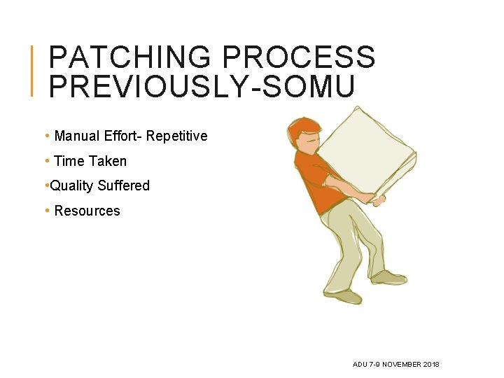 PATCHING PROCESS PREVIOUSLY-SOMU • Manual Effort- Repetitive • Time Taken • Quality Suffered • PATCHING PROCESS PREVIOUSLY-SOMU • Manual Effort- Repetitive • Time Taken • Quality Suffered •