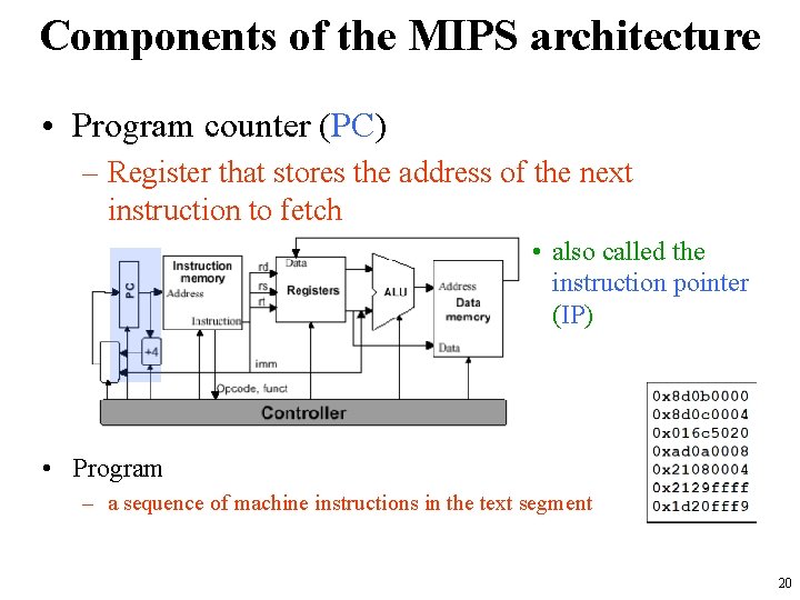 Components of the MIPS architecture • Program counter (PC) – Register that stores the