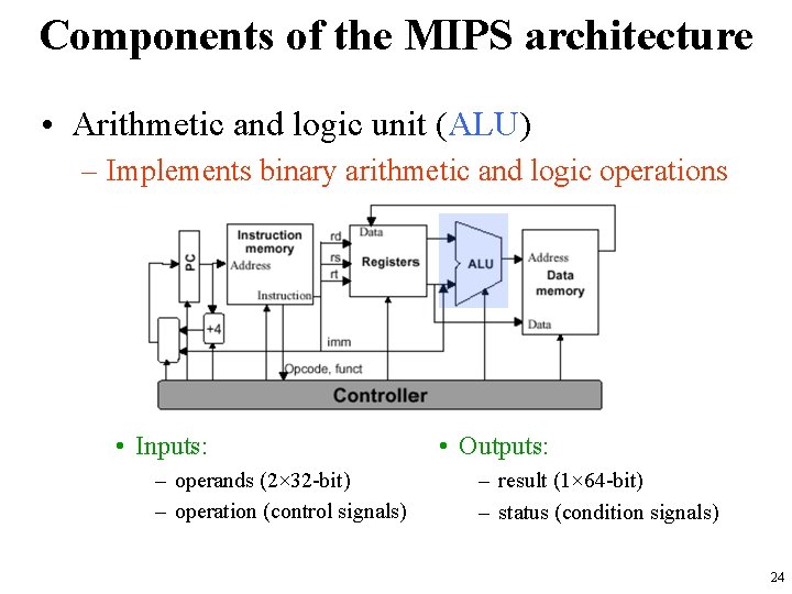 Components of the MIPS architecture • Arithmetic and logic unit (ALU) – Implements binary