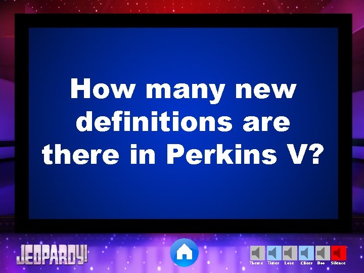 How many new definitions are there in Perkins V? Theme Timer Lose Cheer Boo