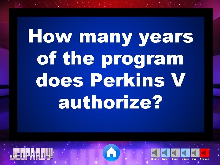 How many years of the program does Perkins V authorize? Theme Timer Lose Cheer