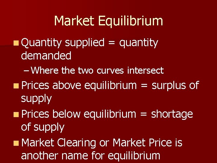 Market Equilibrium n Quantity supplied = quantity demanded – Where the two curves intersect