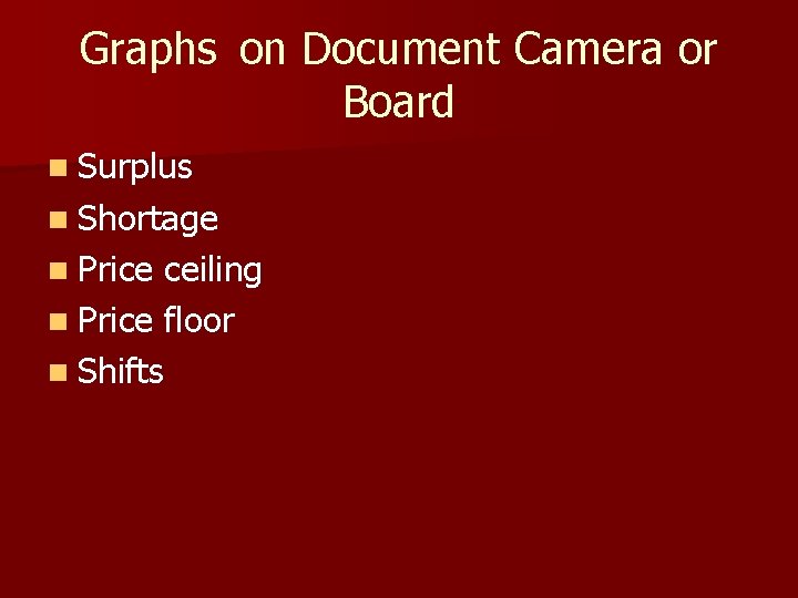 Graphs on Document Camera or Board n Surplus n Shortage n Price ceiling n