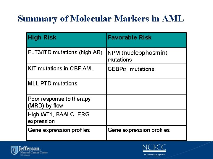 Summary of Molecular Markers in AML High Risk Favorable Risk FLT 3/ITD mutations (high