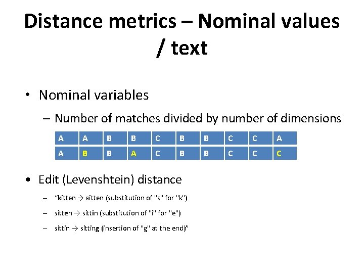 Distance metrics – Nominal values / text • Nominal variables – Number of matches