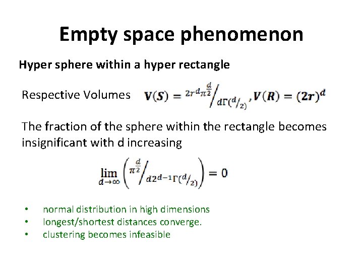 Empty space phenomenon Hyper sphere within a hyper rectangle Respective Volumes The fraction of