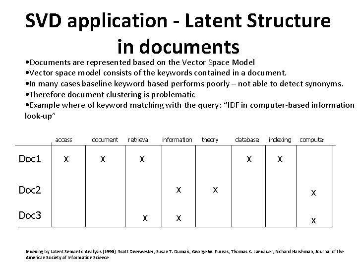 SVD application - Latent Structure in documents • Documents are represented based on the