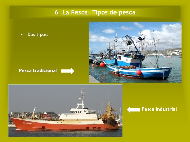 6. La Pesca. Tipos de pesca § Dos tipos: Pesca tradicional Pesca industrial 