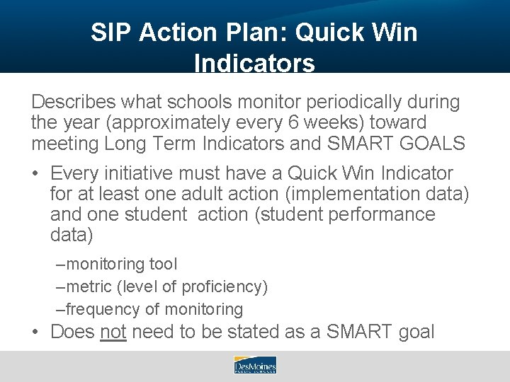 SIP Action Plan: Quick Win Indicators Describes what schools monitor periodically during the year