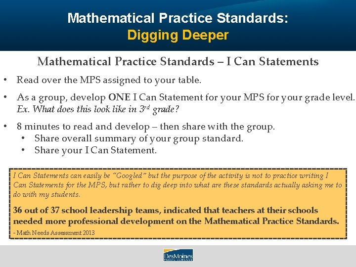 Mathematical Practice Standards: Digging Deeper Mathematical Practice Standards – I Can Statements • Read
