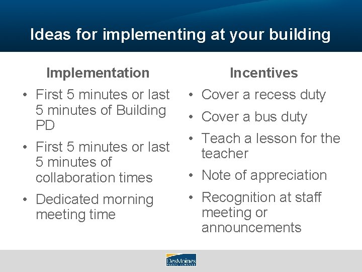 Ideas for implementing at your building Implementation • First 5 minutes or last 5