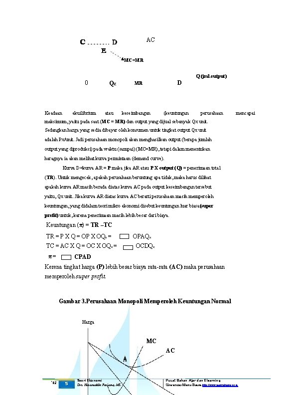 AC MC=MR Q (jml. output) 0 Keadaan ekuilibrium QX atau D MR keseimbangan (keuntungan