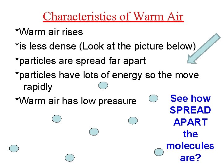 Characteristics of Warm Air *Warm air rises *is less dense (Look at the picture