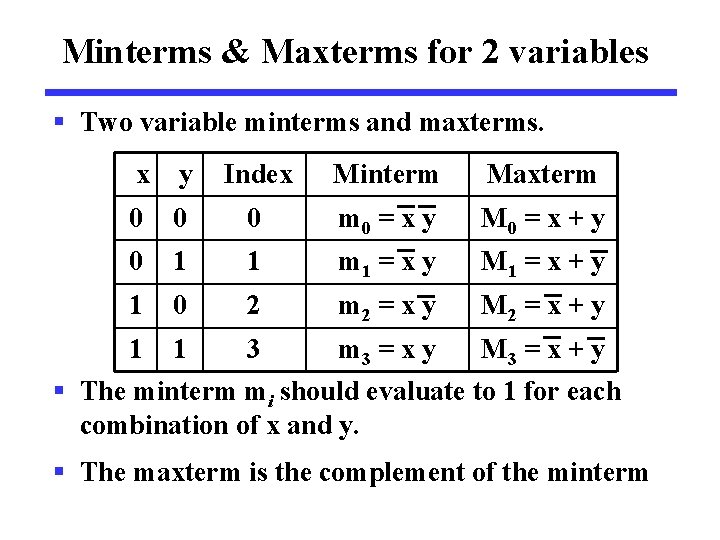 Minterms & Maxterms for 2 variables § Two variable minterms and maxterms. x y