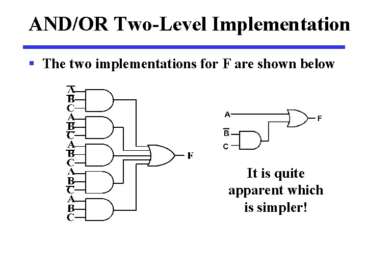 AND/OR Two-Level Implementation § The two implementations for F are shown below It is