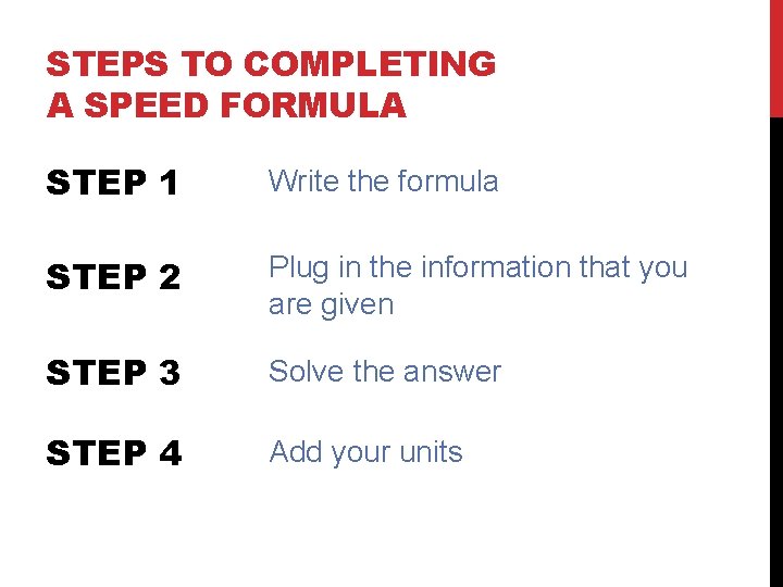 STEPS TO COMPLETING A SPEED FORMULA STEP 1 Write the formula STEP 2 Plug