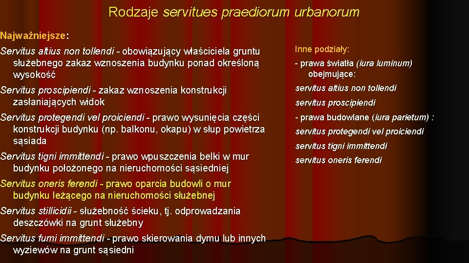 Rodzaje servitues praediorum urbanorum Najważniejsze: Servitus altius non tollendi - obowiązujący właściciela gruntu służebnego
